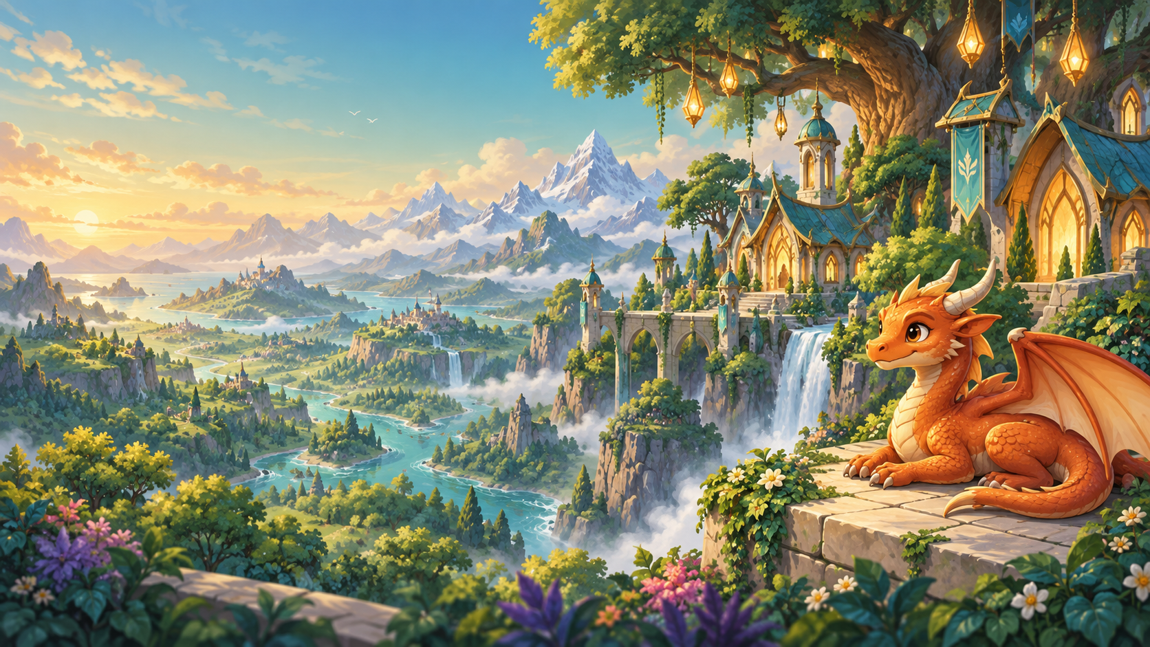 An orange dragon overlooking a sunlit fantasy world of mountains, waterfalls and treehouses